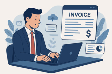 E-invoice and digital bill concept. Businessman with laptop managing online payments and statements. Electronic accounting, finance technology, bookkeeping vector illustration.