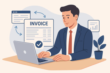 E-invoice and online digital statements concept. Businessman works on laptop with digital invoice management system. Electronic tax payment and modern financial accounting.