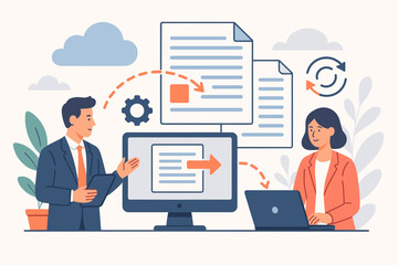EDI Electronic Data Interchange vector concept. B2B communication platform for exchanging digital documents. Business process, workflow automation, and data file transfer.