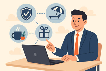 Employee benefits package concept with icons. Manager shows work perks on laptop: health insurance, paid vacation, rewards. HR management for staff loyalty and motivation.