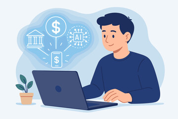 FinTech financial technology concept. Man with laptop doing digital banking, online finance management. Artificial intelligence in investment. Mobile payment transaction icon.