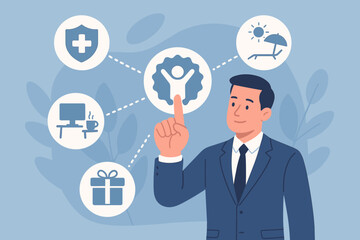 Employee benefits and compensation strategy concept. HR manager planning fringe benefits for staff engagement and motivation. Health insurance, paid vacation, office perks and bonus.