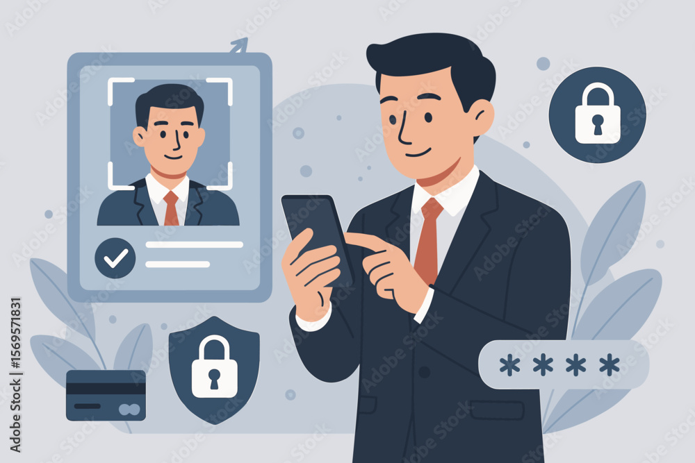 Poster know your customer kyc concept. businessman using smartphone for identity verification system. facia