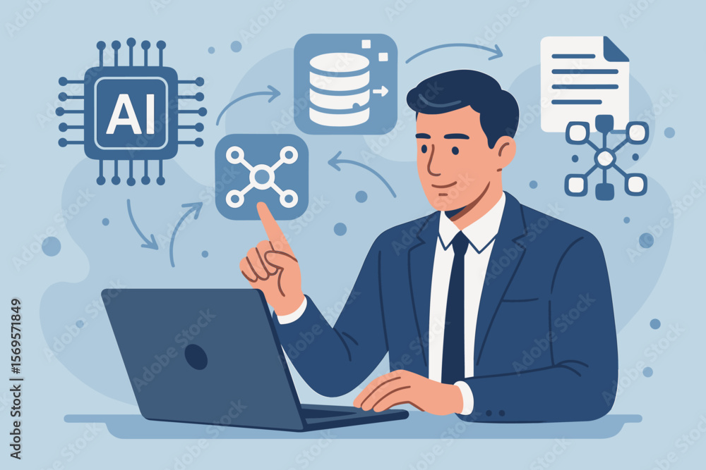 Poster llm, large language model concept with a businessman using a laptop. generative ai, big data, data t