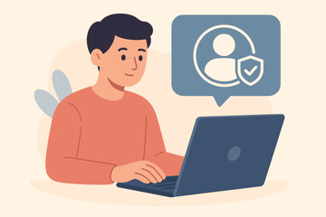 KYC Know Your Customer concept. Person at laptop for identity verification and authentication. Financial business security technology. Personal data protection, AML. Flat vector.