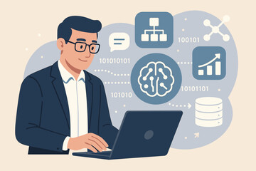 Businessman Using Laptop with AI, LLM, Big Data, Data Mining, Generative AI, Natural Language Processing, Data Transfer, Analytics, Digital Transformation, Technology Concept