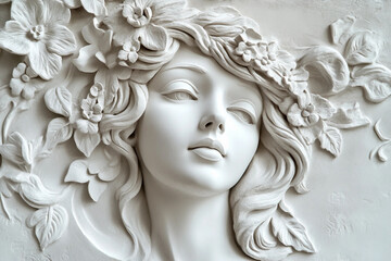 A white bas-relief showing a woman face with flowers generative AI technology