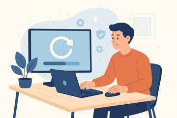 Man Installing Software Update at Desk, Operating System Upgrade Process, Computer Maintenance, Device Security, Technology Workflow, Enhanced Functionality, Modern Office