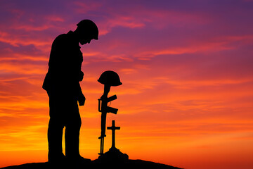 Memorial day soldier silhouette sunset remembrance veterans day image