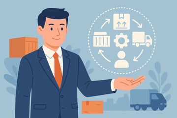 Businessman Presenting Virtual Supply Chain Management Concept, Logistics Organization, Transport Network, Resource Control, Delivery Process, Customer Service, Distribution