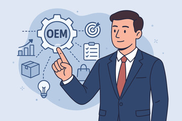 OEM Original Equipment Manufacturer concept. Businessman in suit touching virtual gear icon. Strategy planning, product branding, supply chain, logistics, business innovation, flat vector