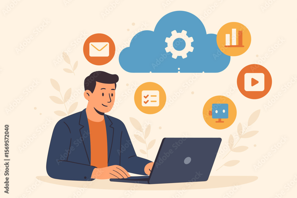 Poster saas software as a service cloud computing concept. businessman using laptop with internet technolog