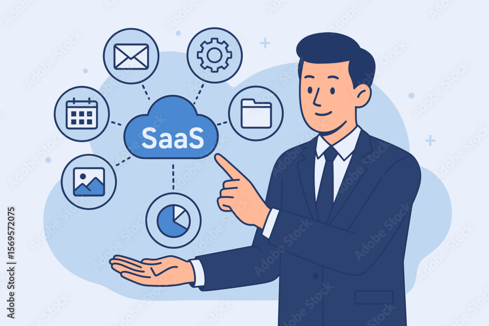 Poster saas software as a service cloud computing concept. businessman presenting virtual icons for email, 