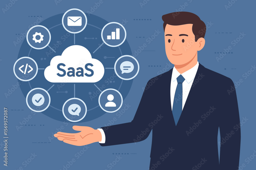 Poster saas software as a service cloud computing concept. businessman presenting virtual interface with sa