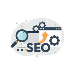 SEO Flat Icon – Magnifying Glass and Ranking Symbol for Digital Marketing.....A modern flat vector icon representing SEO (Search Engine Optimization). The design includes a magnifying glass over the l
