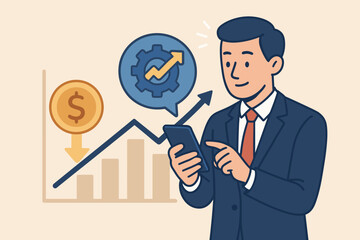 Productivity growth and cost reduction concept. Businessman using smartphone for efficiency management. Lean business, industrial productivity, financial analytics, process optimization