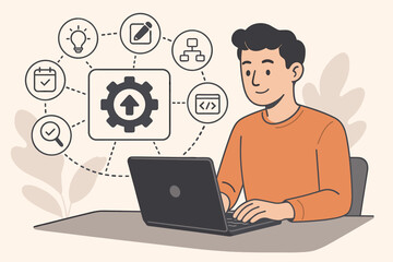 Release management software development concept. Workflow planning, design, scheduling, testing, deployment, control. Project management, coding, teamwork, productivity, technology