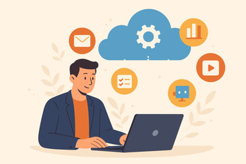 SaaS software as a service cloud computing concept. Businessman using laptop with internet technology icons. Cloud storage, data analytics, email, video, workflow, digital services