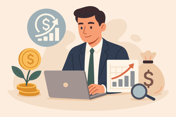 Fototapeta premium Revenue management and investment analysis concept. Businessman at laptop analyzing sales statistics, financial growth, savings, profit, money, finance, data chart, dollar symbol