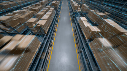 Overhead view of distribution center warehouse with cardboard boxes, digital lines, technology, logistics