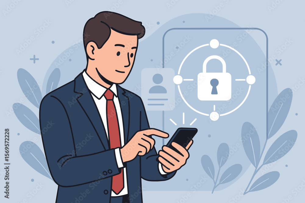 Poster access control and cybersecurity concept. businessman using mobile smartphone for secure login and p