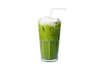 Iced of milk matcha green tea in cup and tube sucking isolated white background.