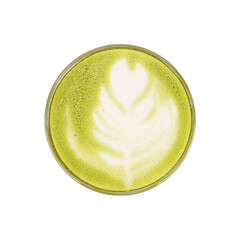 Top view of matcha green tea latte on cup isolated white background.