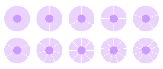 Set of pie charts divided into segments: 1,2, 3, 4, 5, 6, 7, 8, 9, 10. Vector illustration of structural diagram icons for mathematics, statistics, financial analysis, business on isolated background.