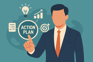 Business Action Plan Concept with Strategy Vision and Planning, Person Touching Virtual Screen Icon for Growth, Target, Checklist, and Idea in Modern Flat Vector Illustration