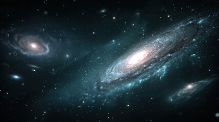 Fototapeta premium Cosmic Dance of Galaxies: A breathtaking view of spiral galaxies swirling in the vast expanse of space, their ethereal glow illuminating the dark cosmos.