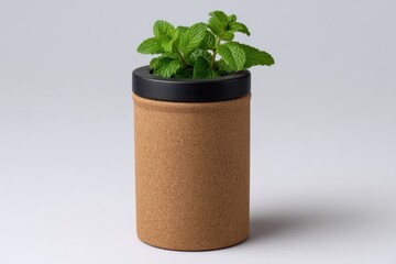 A cylindrical cork container with a black rim holding a mint plant