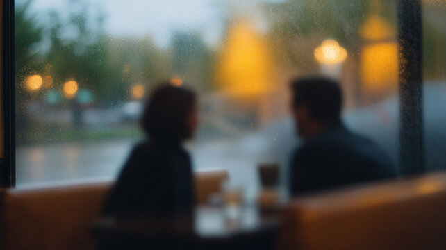 Silhouette couple cozy cafe rainy window warm light intimate conversation blurred background