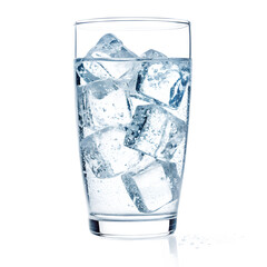 A glass filled with sparkling water and numerous ice cubes, isolated on a transparent background
