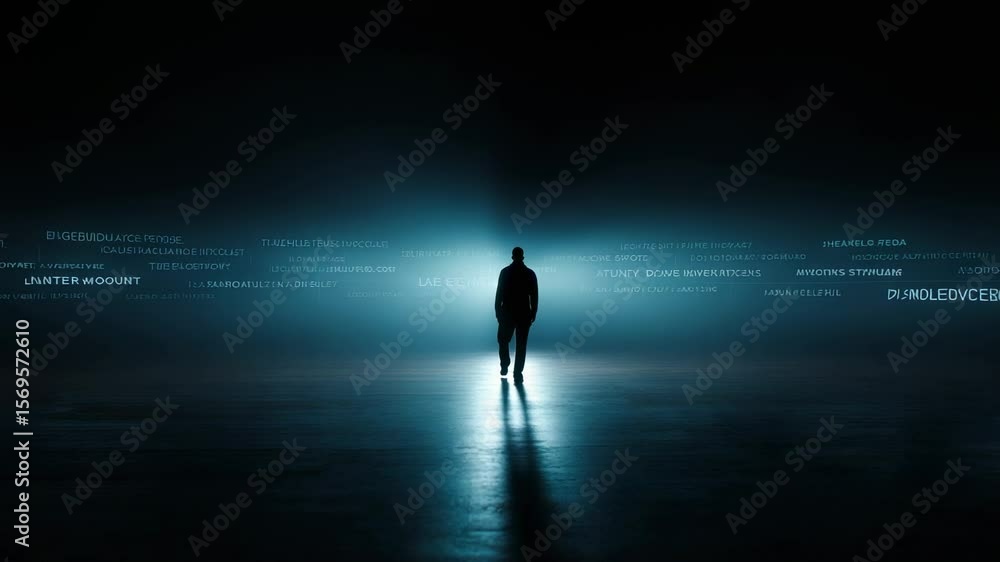 Poster person standing in dark space with illuminated background and text reflections highlighting solitude