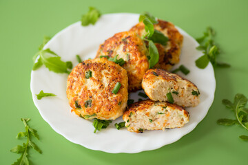 Fried chicken cutlets for dinner, isolated on green background