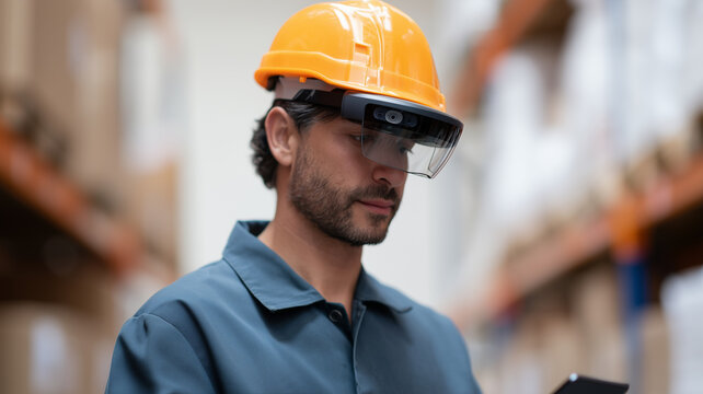Warehouse worker wearing smart glasses and orange helmet using digital device for inventory management - Powered by Adobe