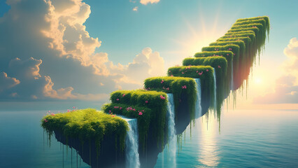 Conceptual floating island shaped like ladder with lush green grass, pink flowers, and cascading waterfalls under bright sky at sunset