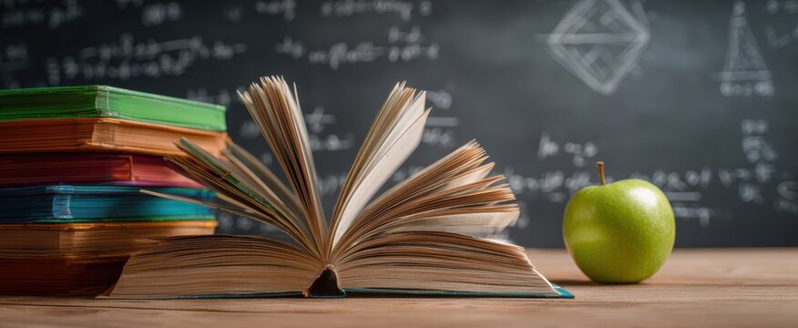 The open book surrounded by colorful stacks and a shiny green apple.