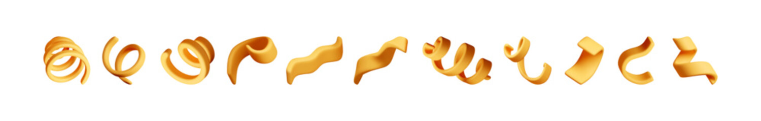 Various 3d golden orange abstract shapes a collection of curvy objects. Rendered liquid element for modern design.