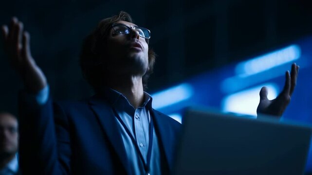 Business professional expresses frustration while presenting insights at a corporate conference. The dimly lit atmosphere highlights the tension as ideas are shared