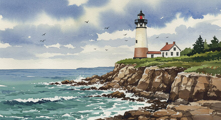 Watercolor lighthouse on seaside cliff with ocean waves and cloudy sky in soft coastal palette