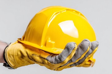 Hand wearing gloves with yellow safety helmet. Generative AI
