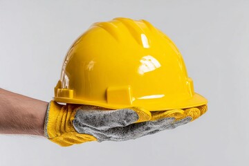 Hand wearing gloves with yellow safety helmet. Generative AI
