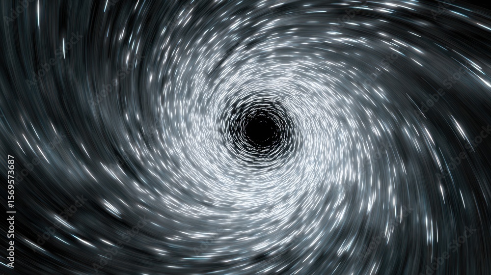 Poster Swirling Vortex: A mesmerizing vortex with radiant silver streaks converging toward a dark center, creating a sense of depth and motion in a captivating abstract design.