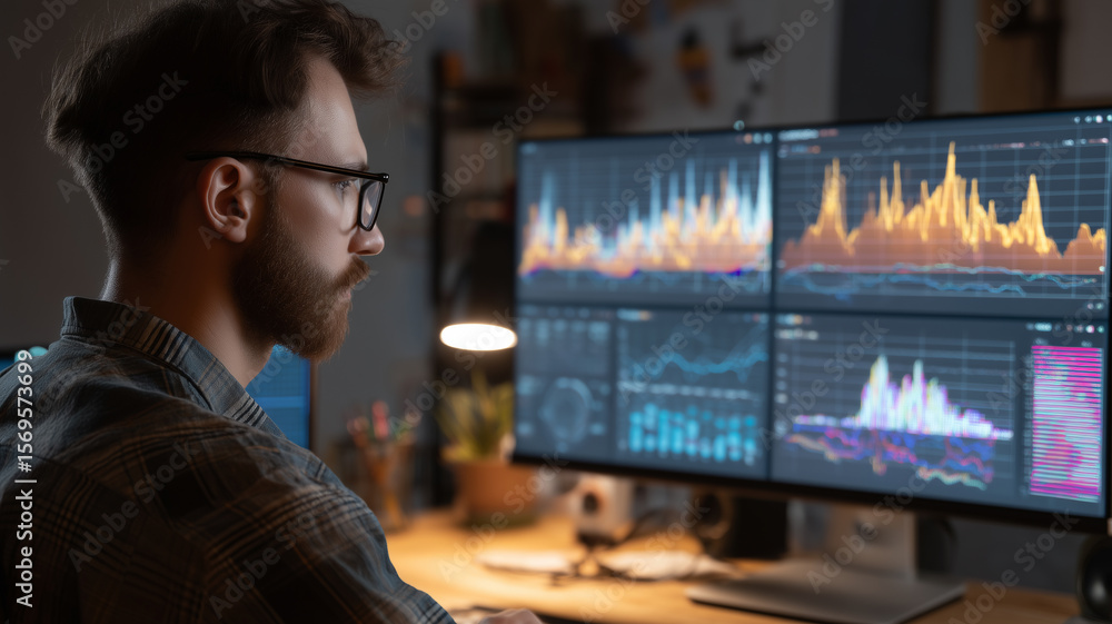 Poster data scientist analyzing peak energy and power on computer screens in modern office, focused and con