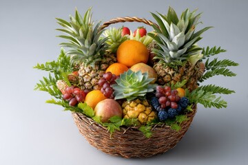 Vibrant Collection of Fresh Fruits in a Decorative Basket with Pineapples, Oranges, Grapes, and Greenery for a Healthy Lifestyle