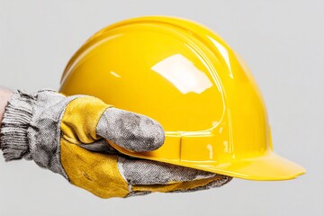 Hand wearing gloves with yellow safety helmet. Generative AI
