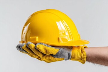 Hand wearing gloves with yellow safety helmet. Generative AI
