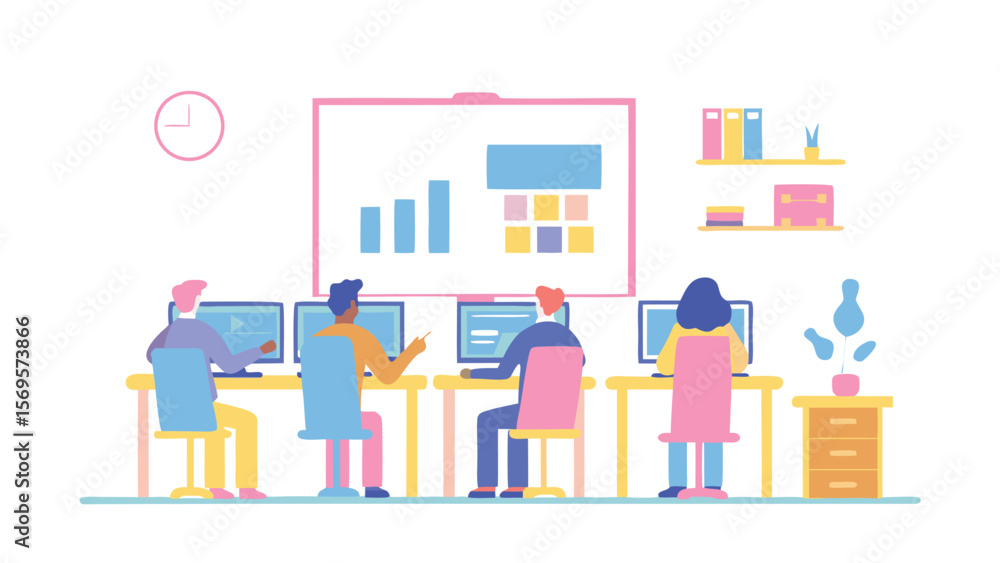 Poster people working at computers in an office with a presentation board and a clock on the wall visible