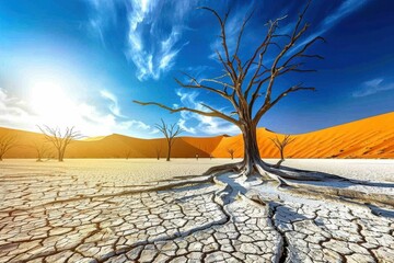 Dry landscape featuring bare trees under a bright sky in Namib Desert during daytime